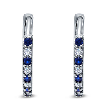 Half Eternity Hoop Earrings Round Simulated Blue Sapphire Cubic Zirconia 925 Sterling Silver (16mm)